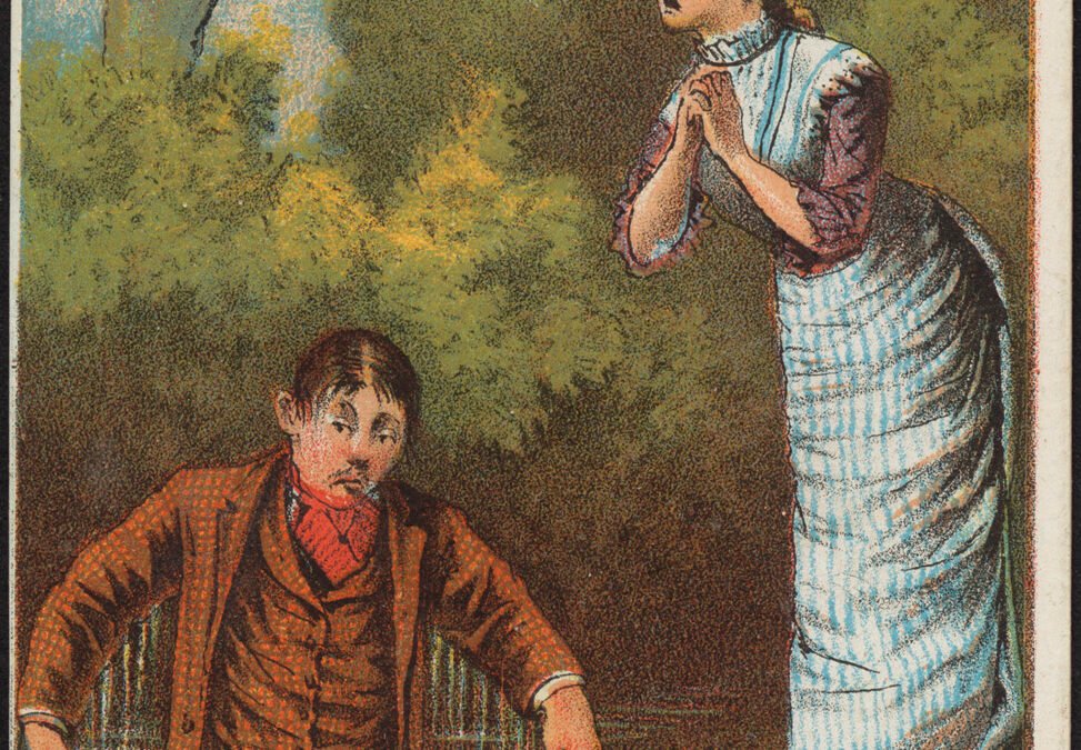 Man and woman, the woman standing by the water while the man has fallen in. -front- (9785530172).jpg
